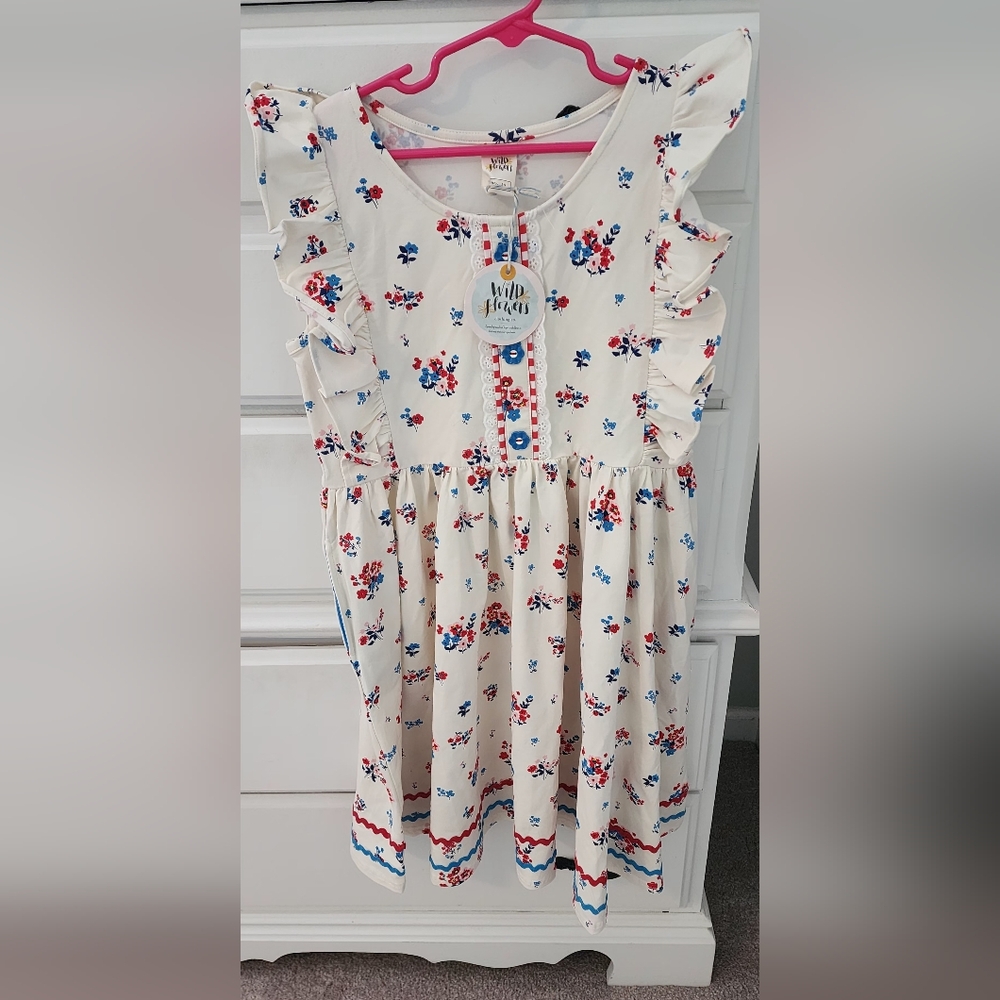 Wildflowers Girl's Size 12 White, Red, Blue Floral Dress Ruffle 4th Of July